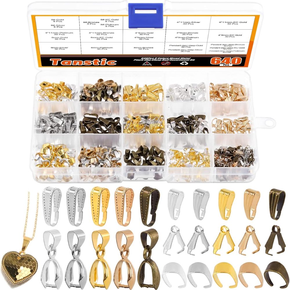 Tanstic 640Pcs 5 Colors Metal Necklace Pinch Clip Kit, Mixed Snap Pinch Clip Bail Clasps Necklace Dangle Charm Pendant Clasps Claw Bail Hook Pendant Connectors Clasp for Jewelry Craft Making